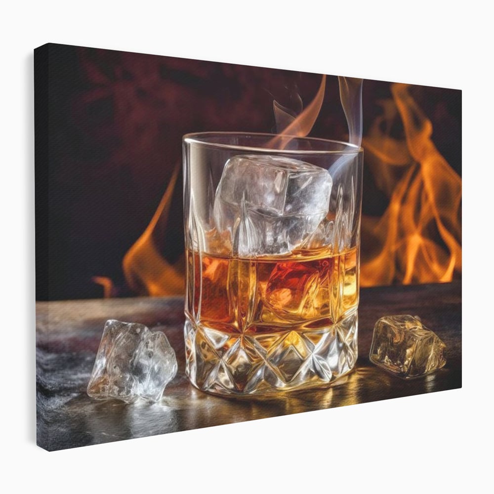 Tablou canvas cu tablou canvas cu pahar de whisky si foc, fara rama, pe sasiu de lemn